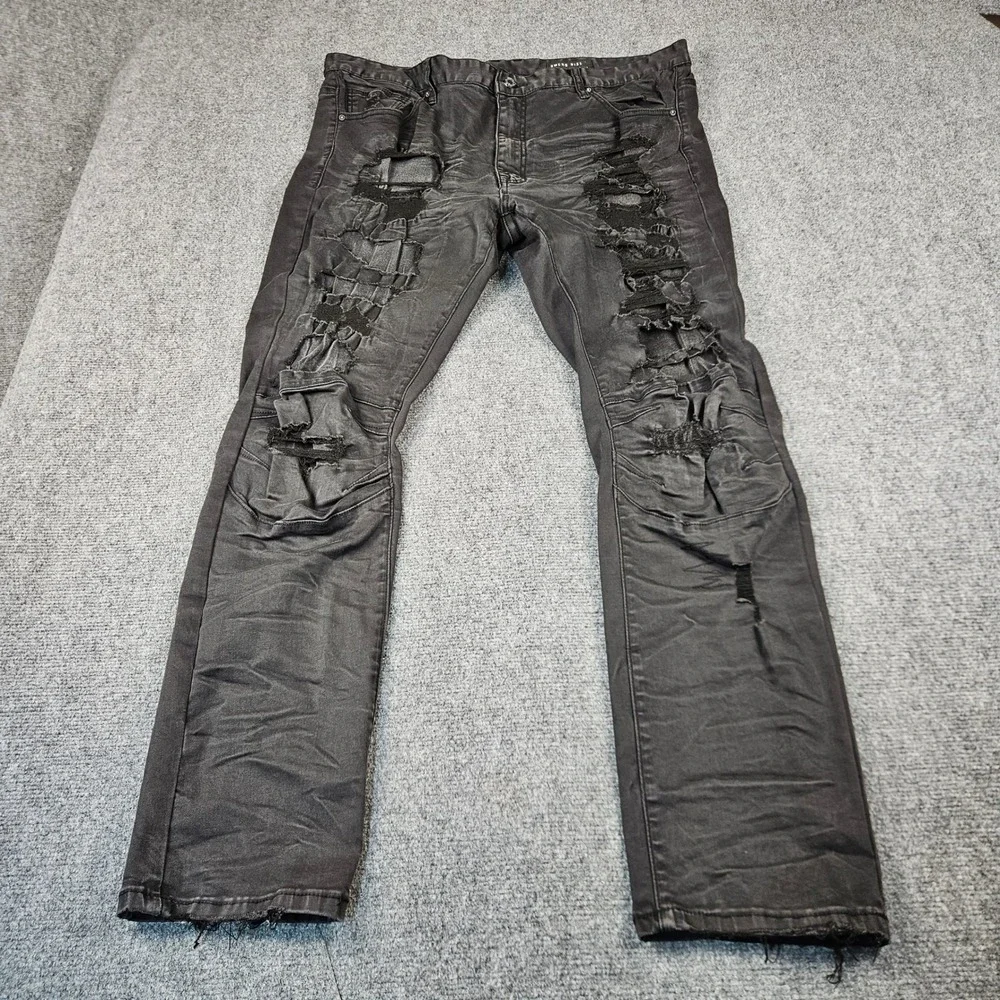 Smoke Rise Mens Distressed Biker Jeans Black Moto Rip Repair Slim Fit 42x32